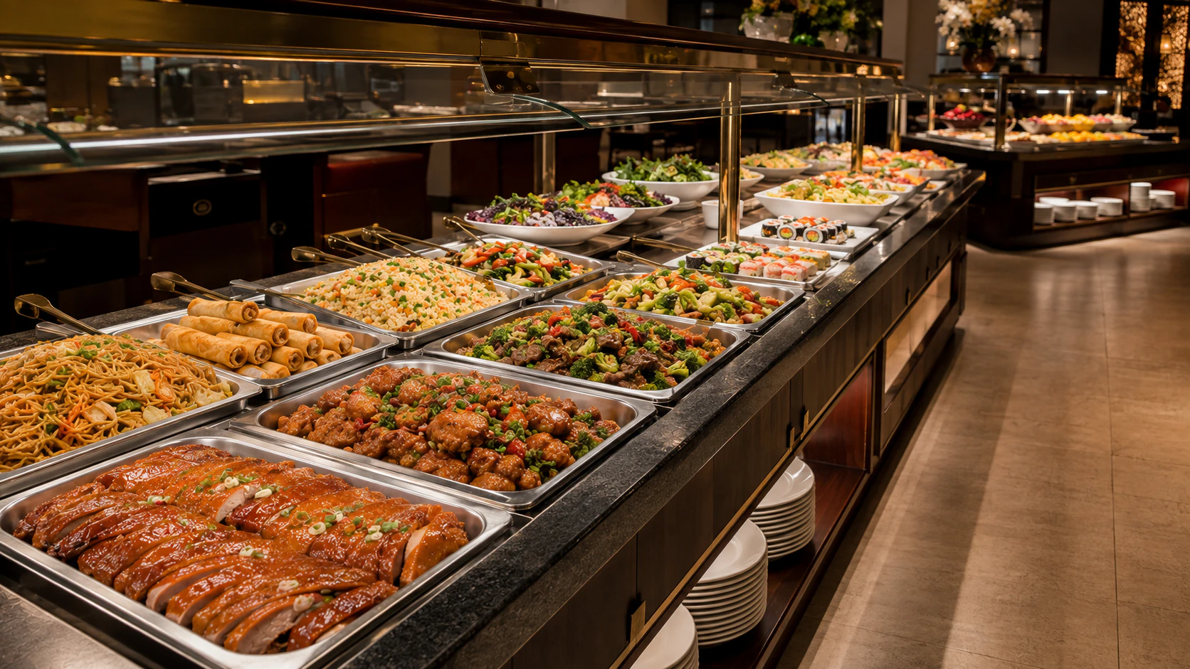 Großzügiges Buffet mit warmen Speisen, Sushi, Salaten, Obst und Desserts