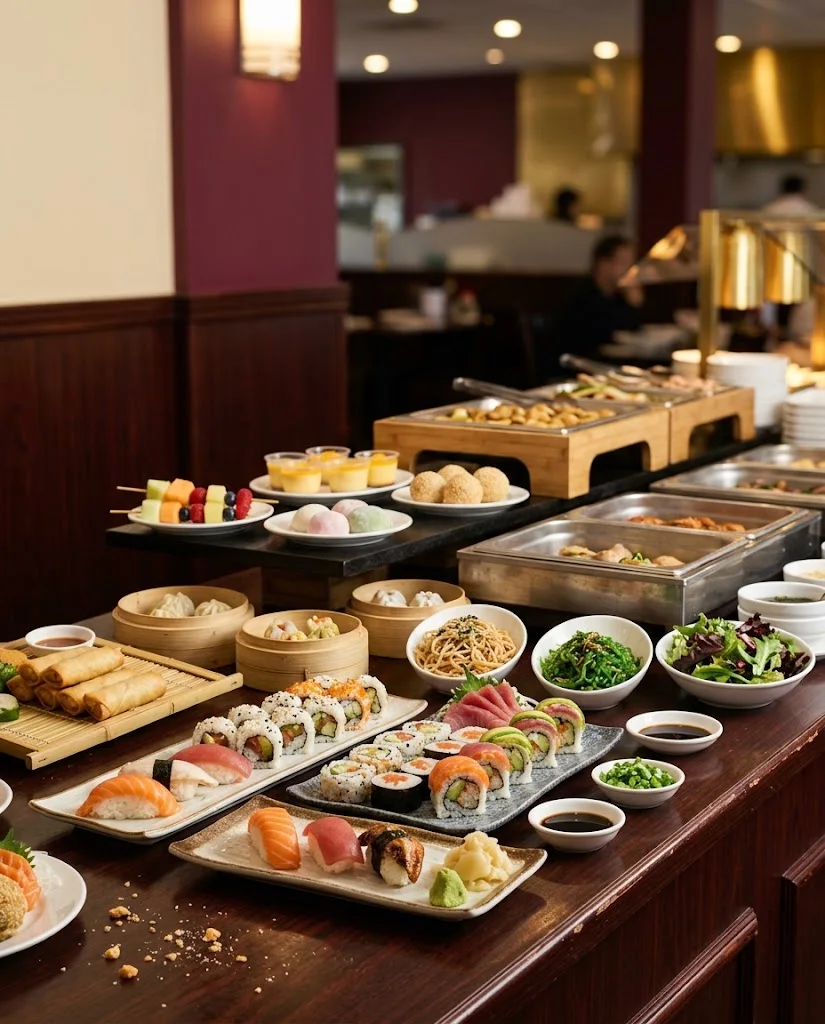 Buffet mit Sushi, Vorspeisen, Salaten, Desserts und warmen Speisen