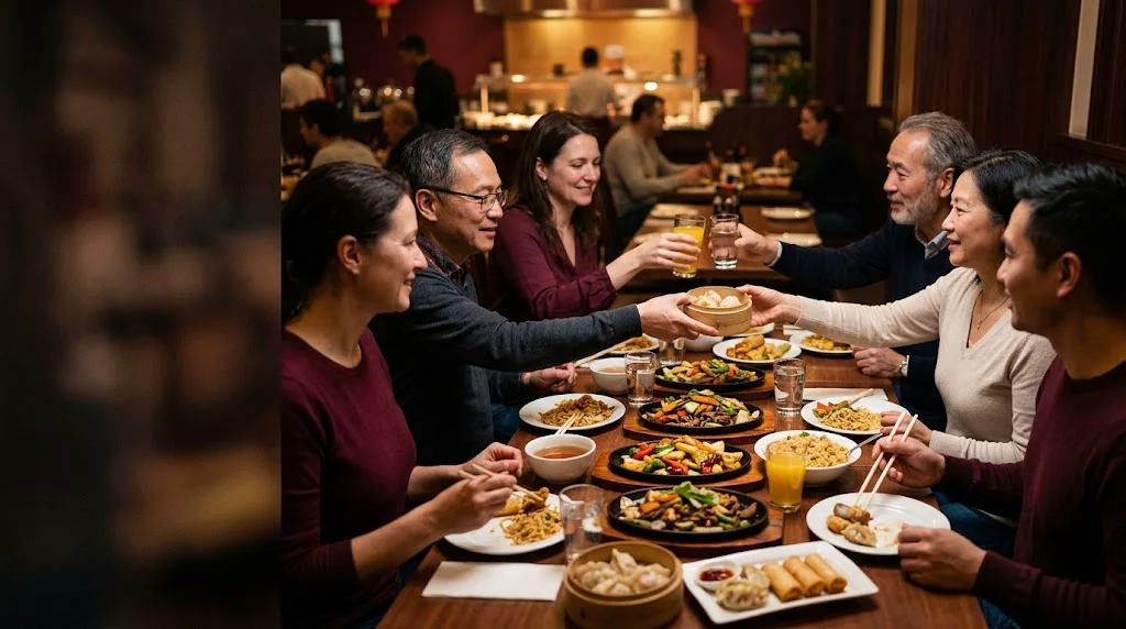 Gruppe beim gemeinsamen Essen in einem Buffetrestaurant