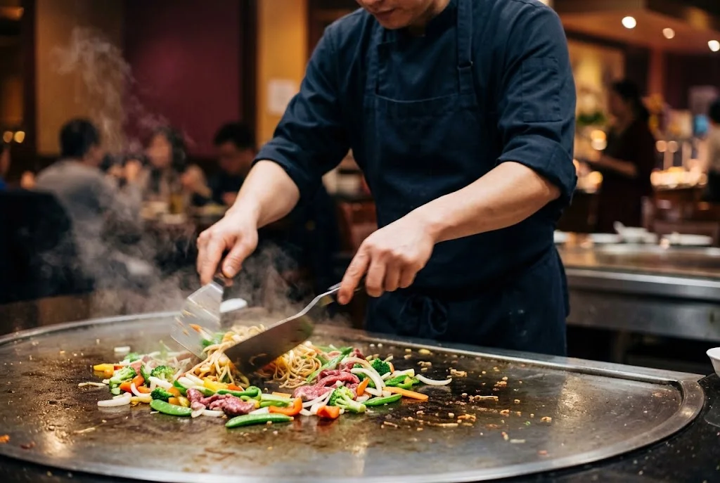 Koch bei der Zubereitung von Zutaten auf einem heißen mongolischen Grill